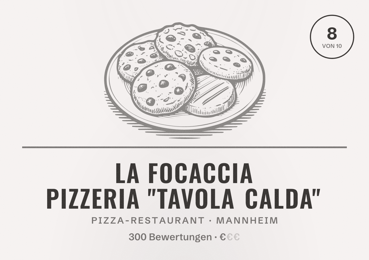Illustriertes Poster von La Focaccia Pizzeria "Tavola Calda", Pizza-Restaurant in Mannheim: Bewertung 8 von 10 aus 300 Bewertungen, Preisniveau €