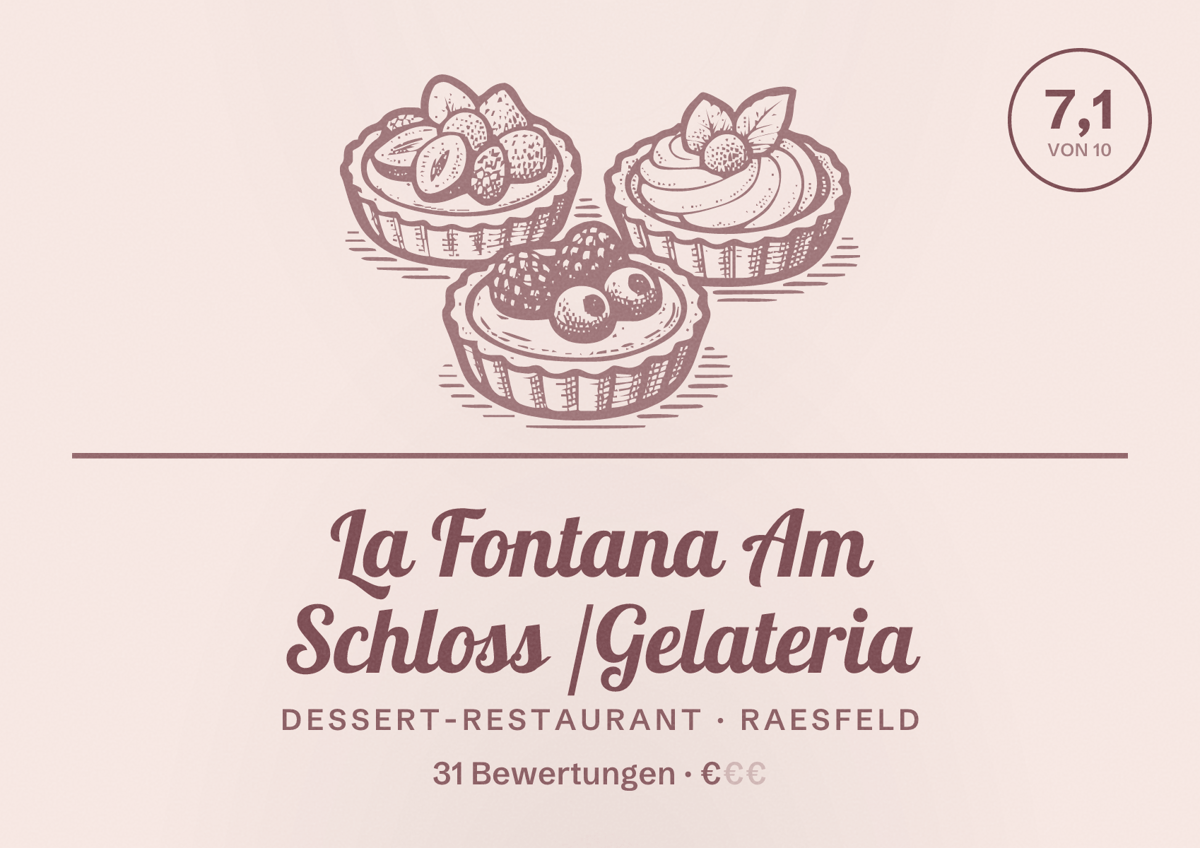 Illustriertes Poster von La Fontana Am Schloss /Gelateria, Dessert-Restaurant in Raesfeld: Bewertung 7,1 von 10 aus 31 Bewertungen, Preisniveau €