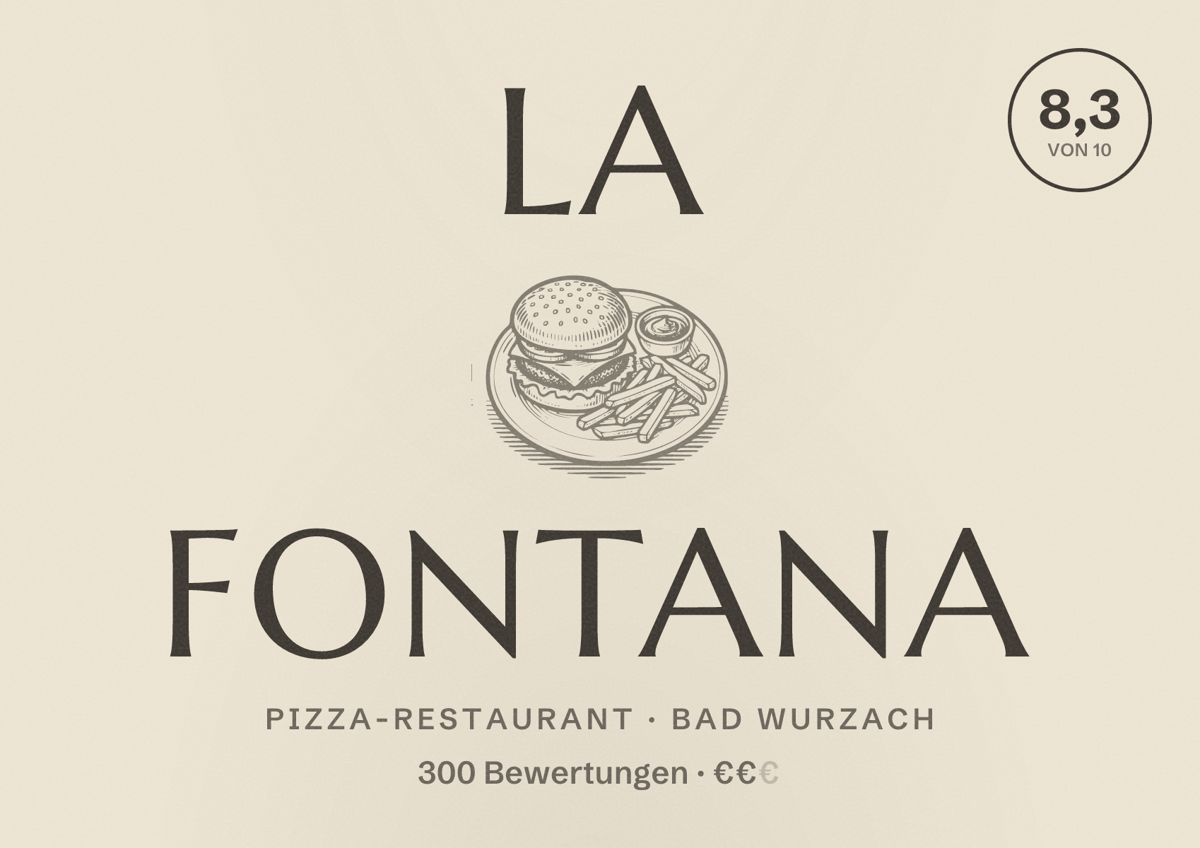 Illustriertes Poster von La Fontana, Pizza-Restaurant in Bad Wurzach: Bewertung 8,3 von 10 aus 300 Bewertungen, Preisniveau €€