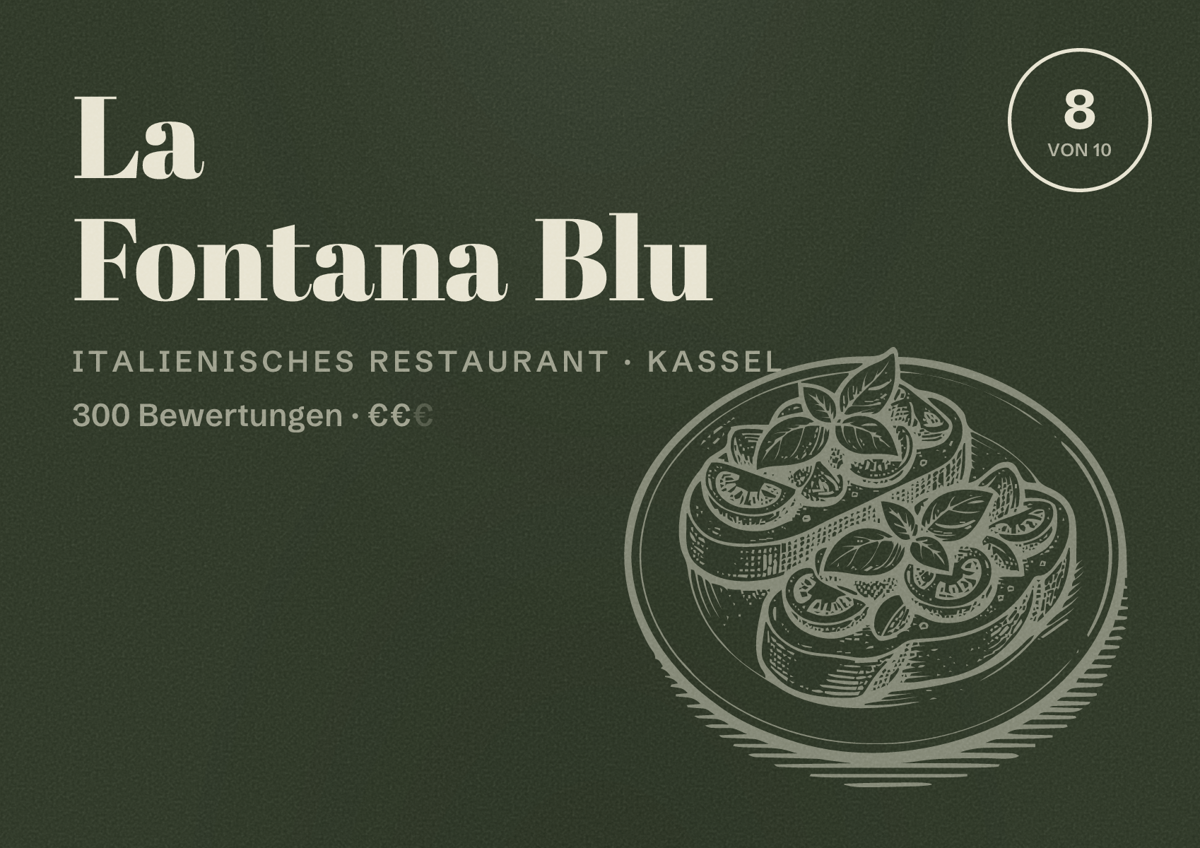 Illustriertes Poster von La Fontana Blu, Italienisches Restaurant in Kassel: Bewertung 8 von 10 aus 300 Bewertungen, Preisniveau €€