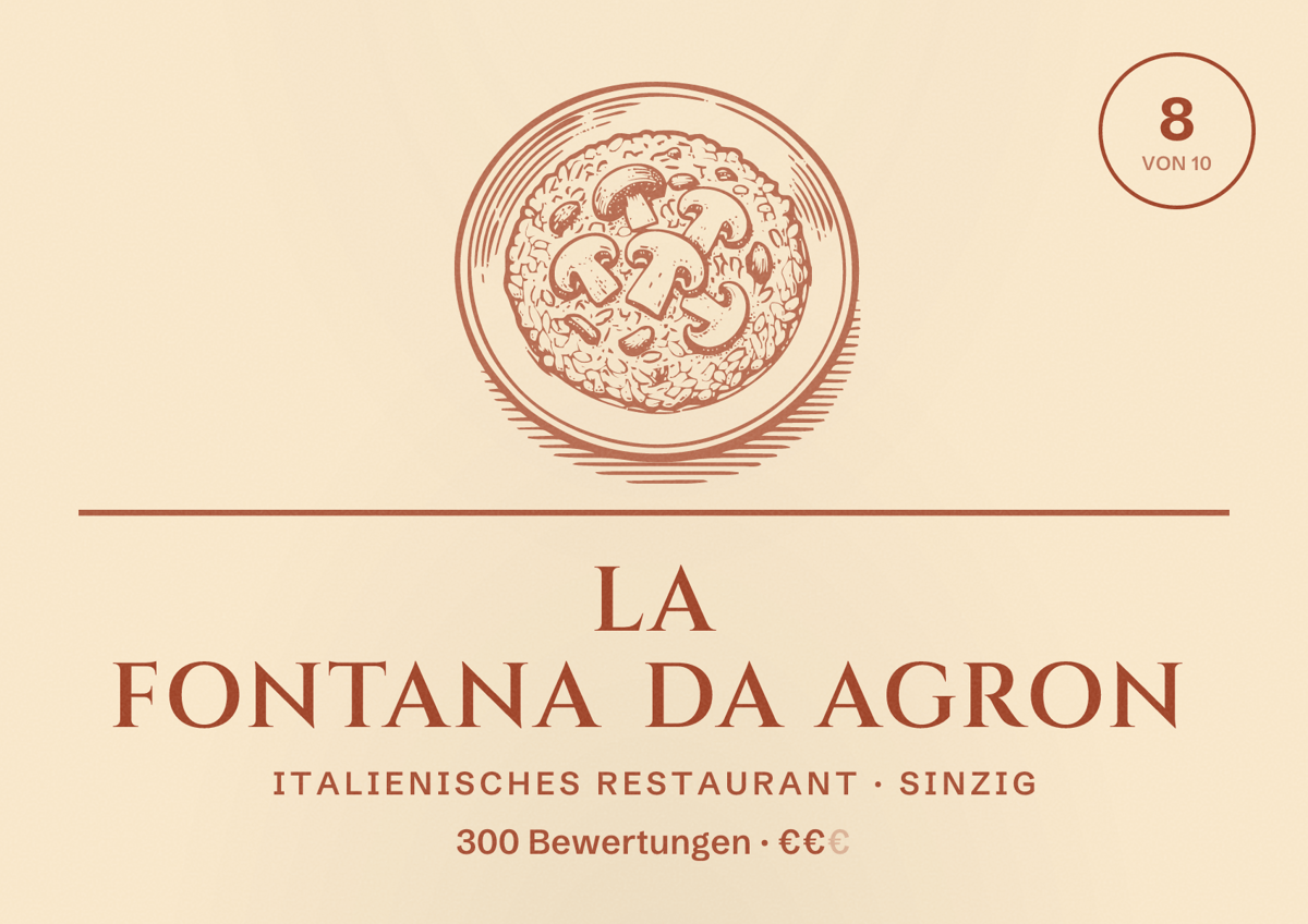 Illustriertes Poster von La Fontana da Agron, Italienisches Restaurant in Sinzig: Bewertung 8 von 10 aus 300 Bewertungen, Preisniveau €€
