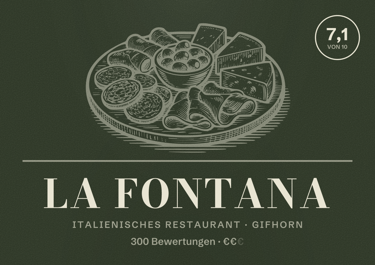 Illustriertes Poster von La Fontana, Italienisches Restaurant in Gifhorn: Bewertung 7,1 von 10 aus 300 Bewertungen, Preisniveau €€