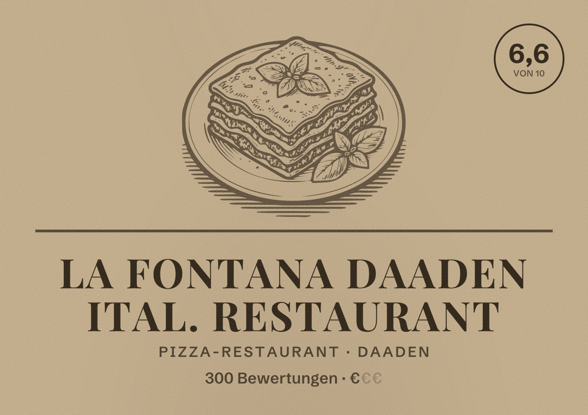 Illustriertes Poster von La Fontana Daaden ital. Restaurant, Pizza-Restaurant in Daaden: Bewertung 6,6 von 10 aus 300 Bewertungen, Preisniveau €