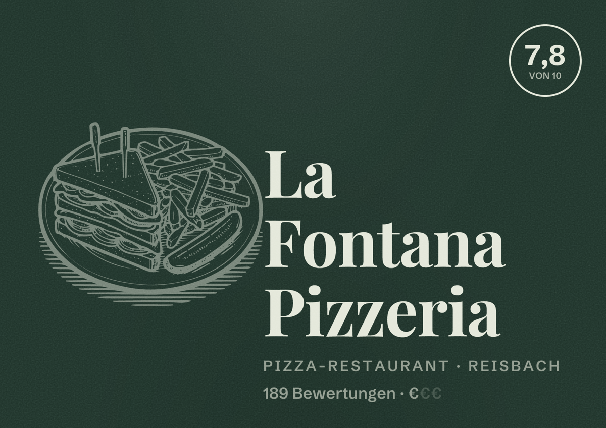 Illustriertes Poster von La Fontana Pizzeria, Pizza-Restaurant in Reisbach: Bewertung 7,8 von 10 aus 189 Bewertungen, Preisniveau €