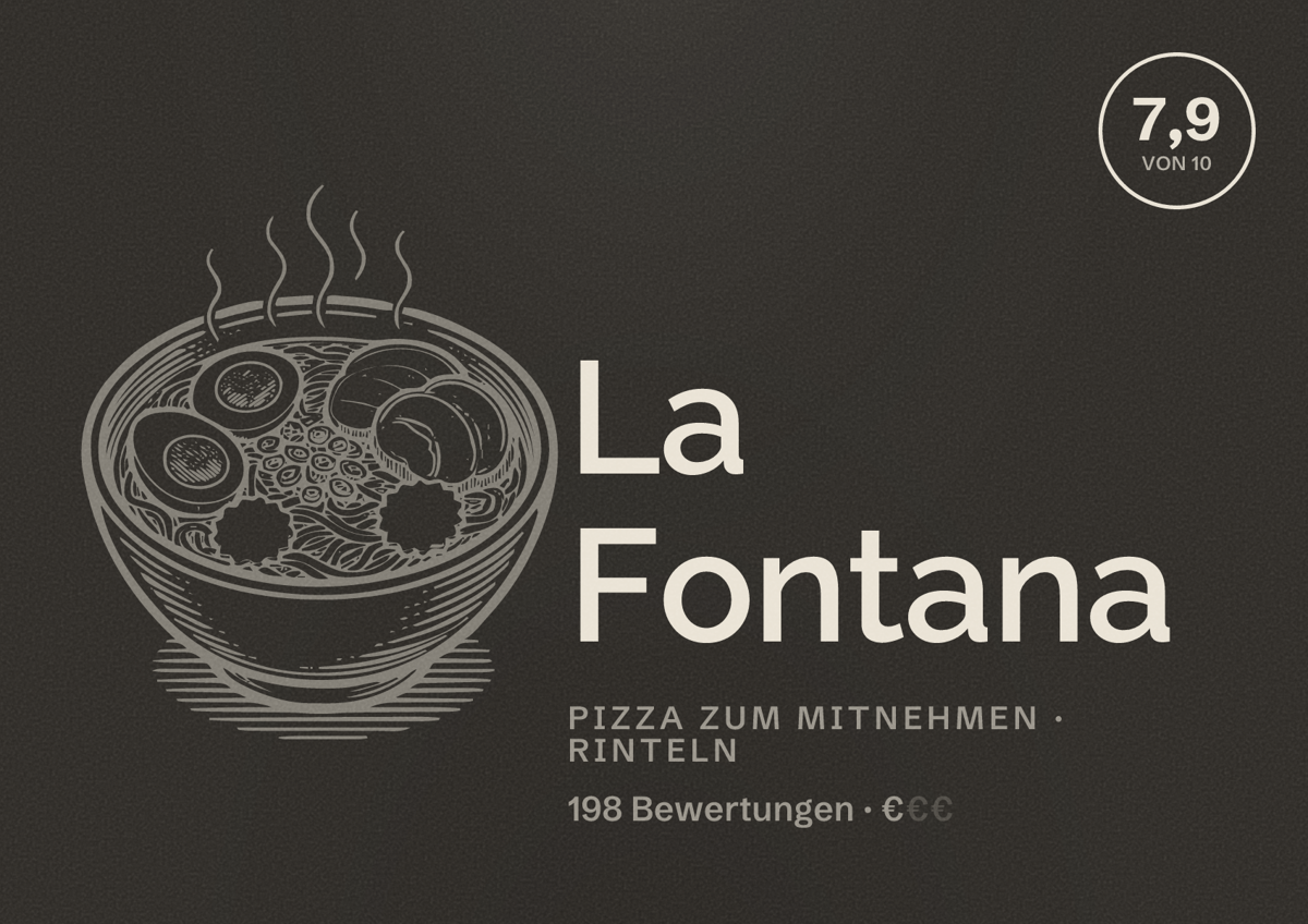 Illustriertes Poster von La Fontana, Pizza zum Mitnehmen in Rinteln: Bewertung 7,9 von 10 aus 198 Bewertungen, Preisniveau €