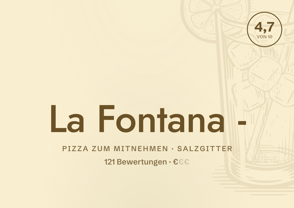 Illustriertes Poster von La Fontana -, Pizza zum Mitnehmen in Salzgitter: Bewertung 4,7 von 10 aus 121 Bewertungen, Preisniveau €
