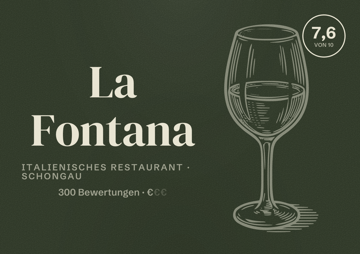 Illustriertes Poster von La Fontana, Italienisches Restaurant in Schongau: Bewertung 7,6 von 10 aus 300 Bewertungen, Preisniveau €