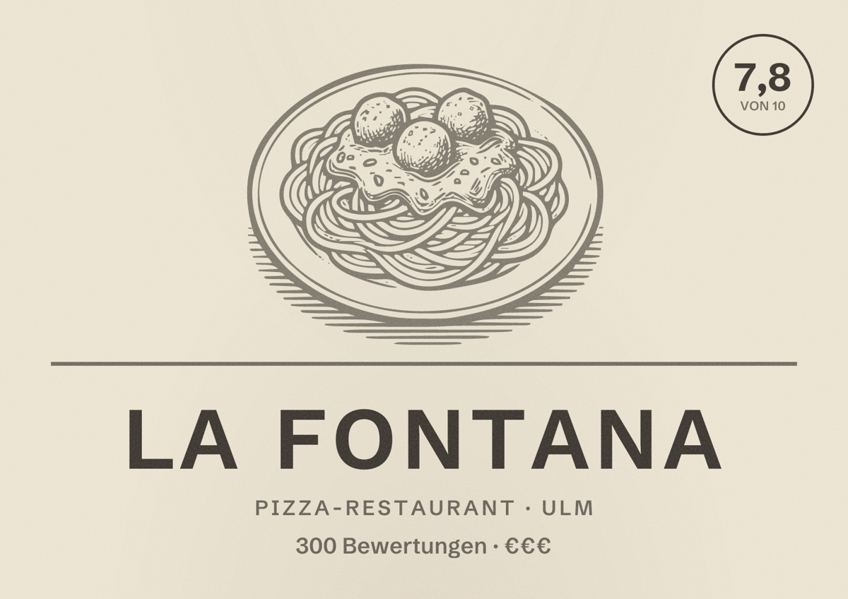 Illustriertes Poster von La Fontana, Pizza-Restaurant in Ulm: Bewertung 7,8 von 10 aus 300 Bewertungen, Preisniveau €€€