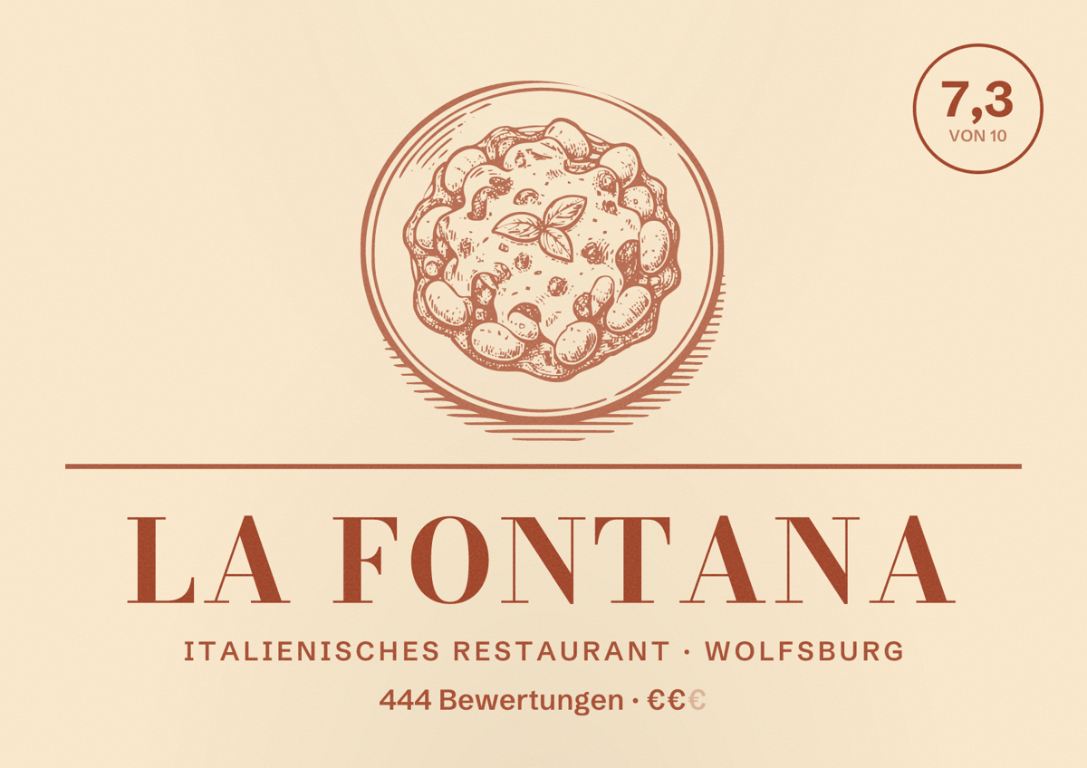 Illustriertes Poster von La Fontana, Italienisches Restaurant in Wolfsburg: Bewertung 7,3 von 10 aus 444 Bewertungen, Preisniveau €€
