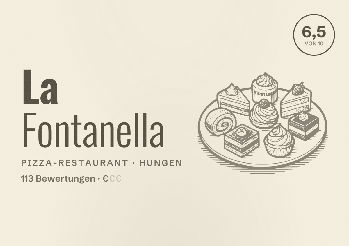 Illustriertes Poster von La Fontanella, Pizza-Restaurant in Hungen: Bewertung 6,5 von 10 aus 113 Bewertungen, Preisniveau €