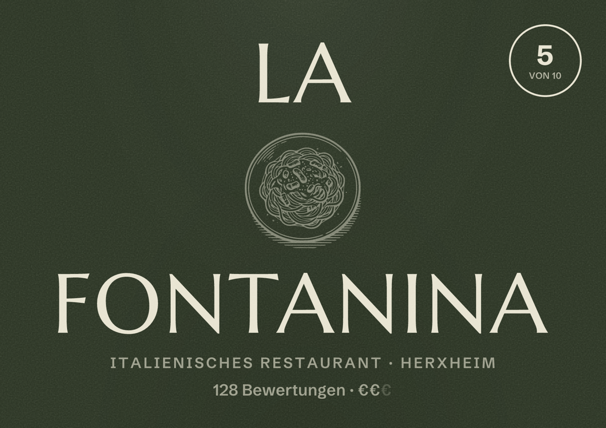 Illustriertes Poster von La Fontanina, Italienisches Restaurant in Herxheim: Bewertung 5 von 10 aus 128 Bewertungen, Preisniveau €€