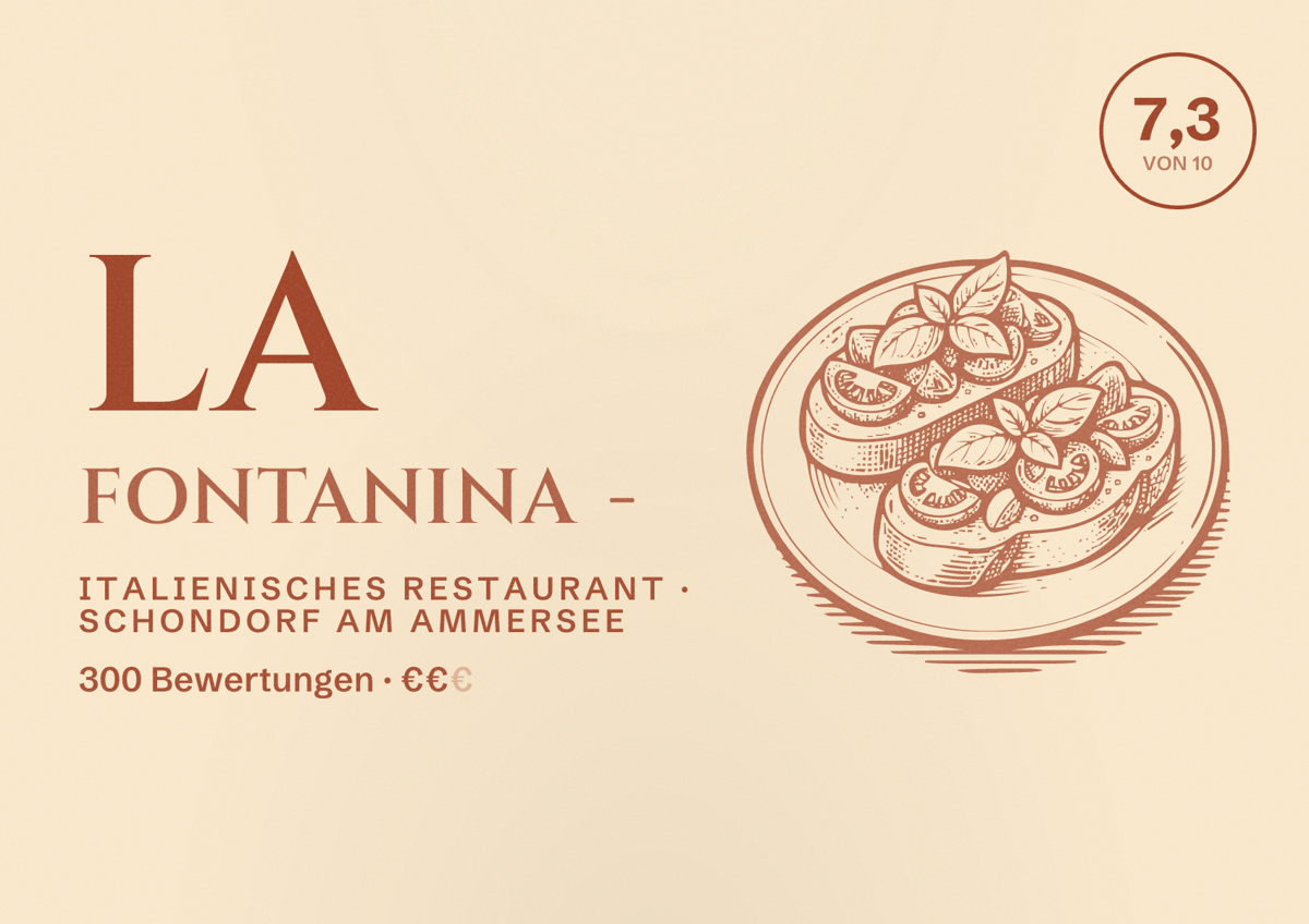 Illustriertes Poster von La Fontanina -, Italienisches Restaurant in Schondorf am Ammersee: Bewertung 7,3 von 10 aus 300 Bewertungen, Preisniveau €€