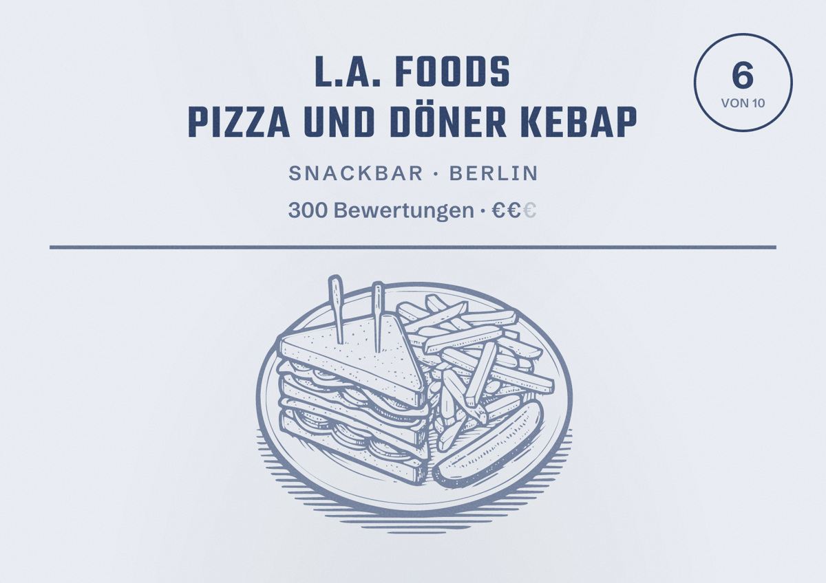 Illustriertes Poster von L.A. Foods Pizza und Döner Kebap, Snackbar in Berlin: Bewertung 6 von 10 aus 300 Bewertungen, Preisniveau €€
