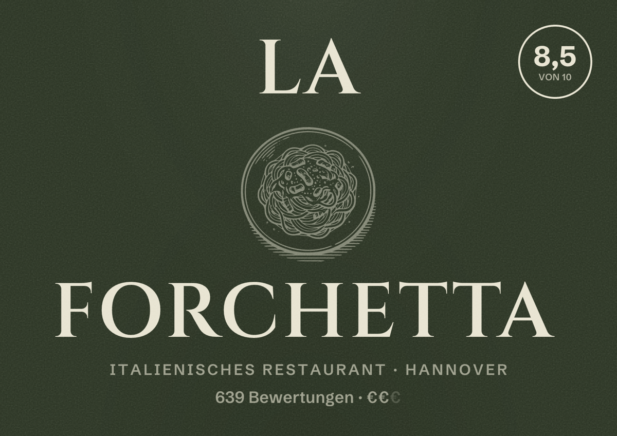 Illustriertes Poster von La Forchetta, Italienisches Restaurant in Hannover: Bewertung 8,5 von 10 aus 639 Bewertungen, Preisniveau €€