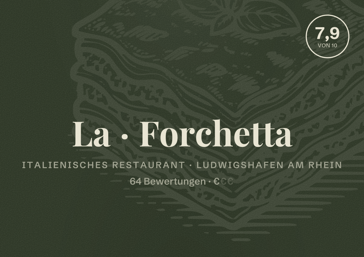 Illustriertes Poster von La Forchetta, Italienisches Restaurant in Ludwigshafen am Rhein: Bewertung 7,9 von 10 aus 64 Bewertungen, Preisniveau €