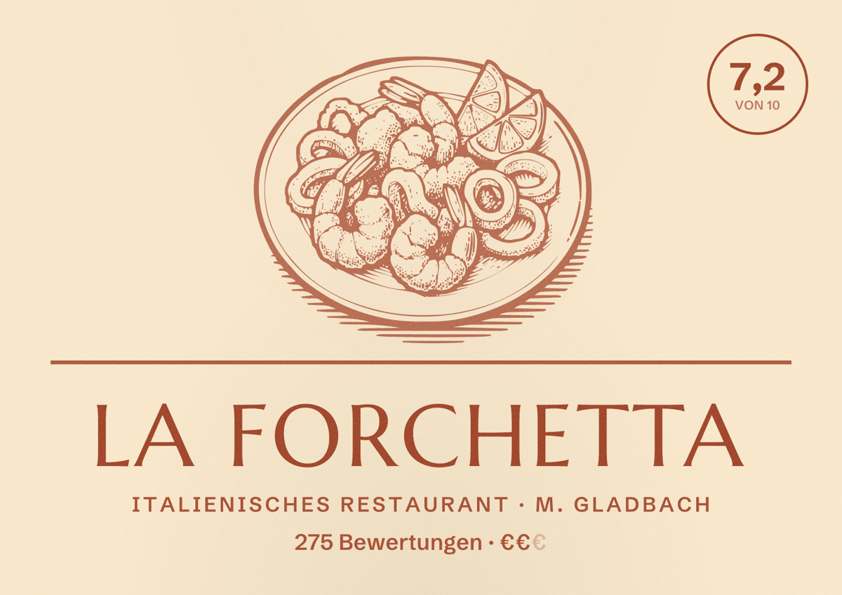 Illustriertes Poster von La Forchetta, Italienisches Restaurant in M. Gladbach: Bewertung 7,2 von 10 aus 275 Bewertungen, Preisniveau €€
