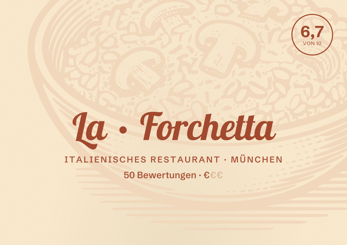Illustriertes Poster von La Forchetta, Italienisches Restaurant in München: Bewertung 6,7 von 10 aus 50 Bewertungen, Preisniveau €