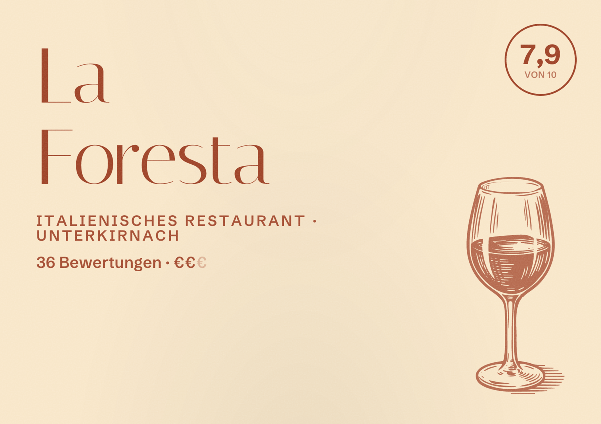 Illustriertes Poster von La Foresta, Italienisches Restaurant in Unterkirnach: Bewertung 7,9 von 10 aus 36 Bewertungen, Preisniveau €€