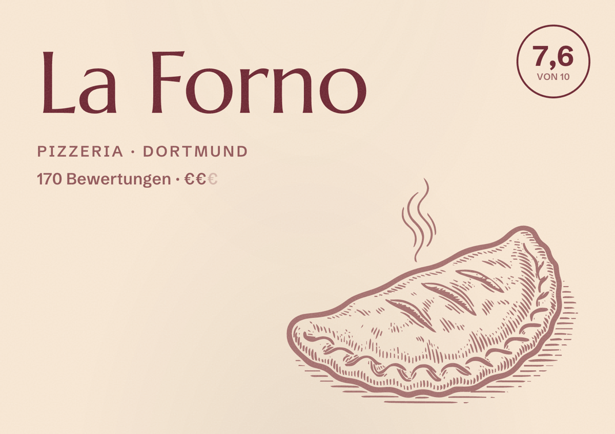 Illustriertes Poster von La Forno, Pizzeria in Dortmund: Bewertung 7,6 von 10 aus 170 Bewertungen, Preisniveau €€