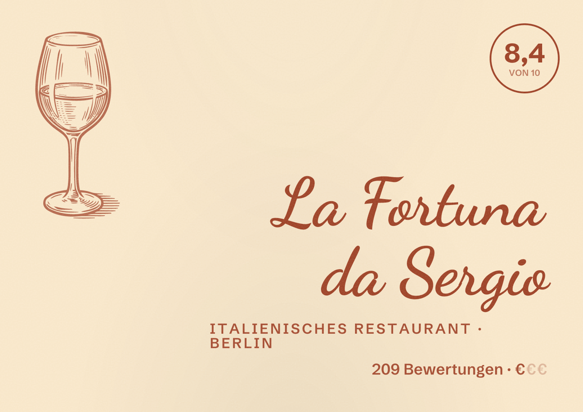Illustriertes Poster von La Fortuna da Sergio, Italienisches Restaurant in Berlin: Bewertung 8,4 von 10 aus 209 Bewertungen, Preisniveau €