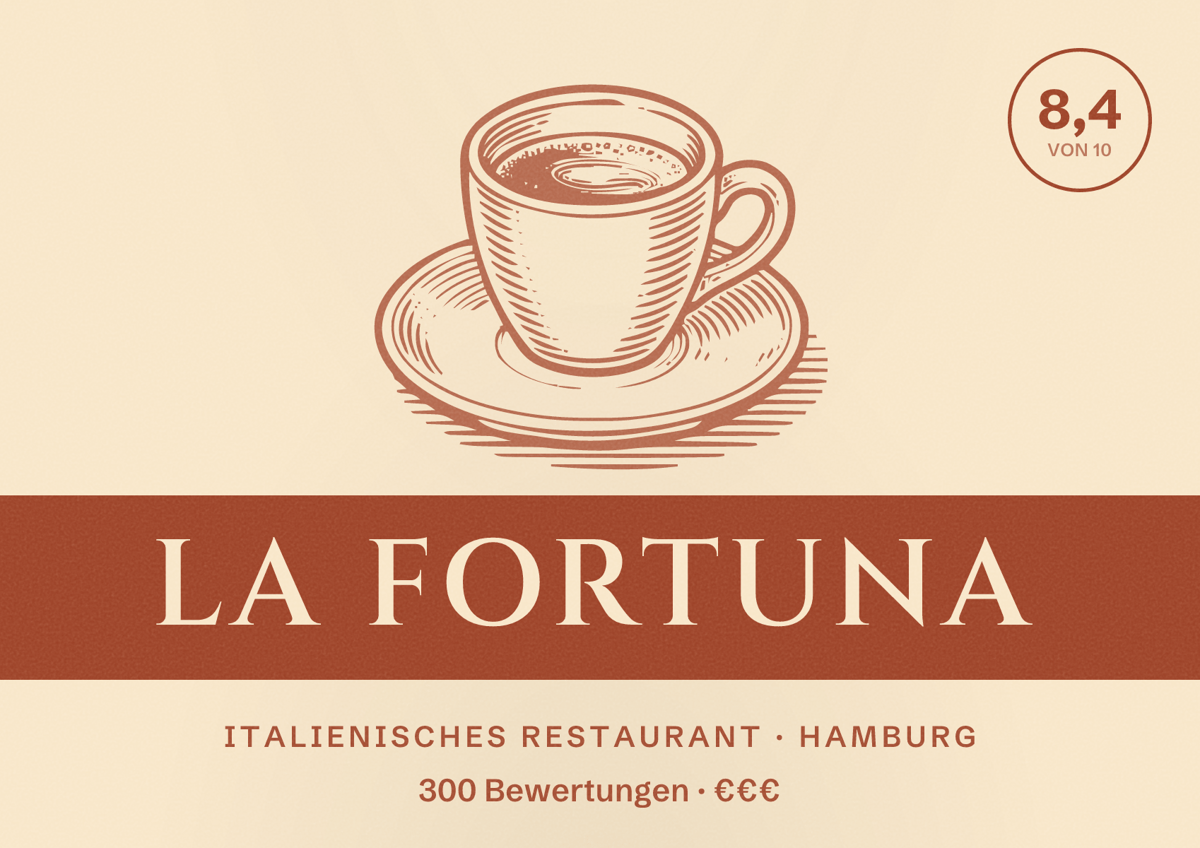 Illustriertes Poster von La Fortuna, Italienisches Restaurant in Hamburg: Bewertung 8,4 von 10 aus 300 Bewertungen, Preisniveau €€€