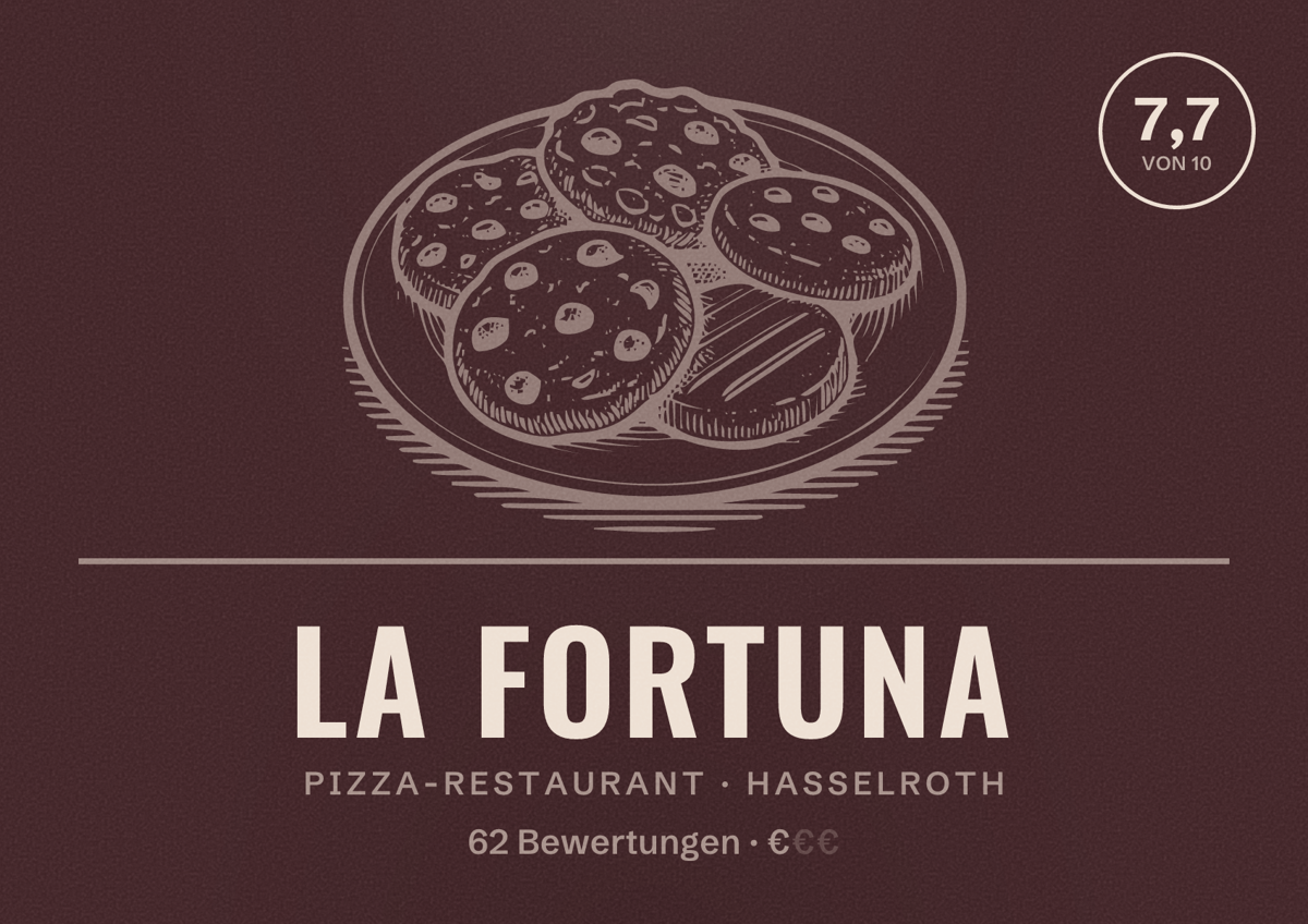 Illustriertes Poster von La Fortuna, Pizza-Restaurant in Hasselroth: Bewertung 7,7 von 10 aus 62 Bewertungen, Preisniveau €