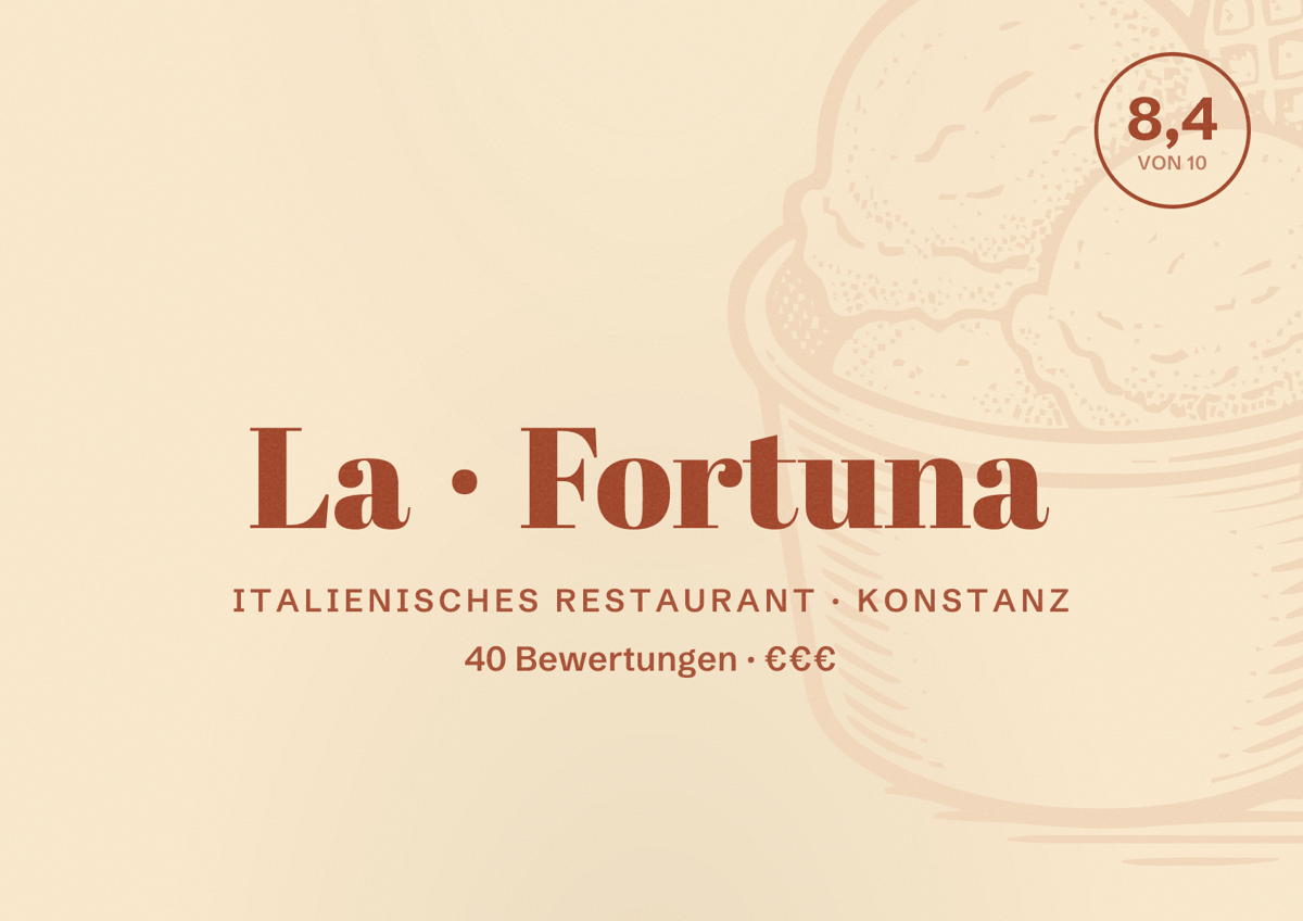 Illustriertes Poster von La Fortuna, Italienisches Restaurant in Konstanz: Bewertung 8,4 von 10 aus 40 Bewertungen, Preisniveau €€€