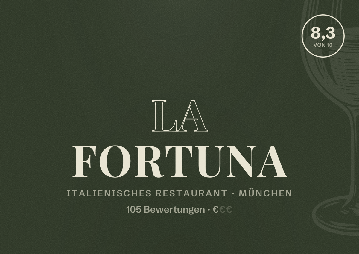 Illustriertes Poster von La Fortuna, Italienisches Restaurant in München: Bewertung 8,3 von 10 aus 105 Bewertungen, Preisniveau €