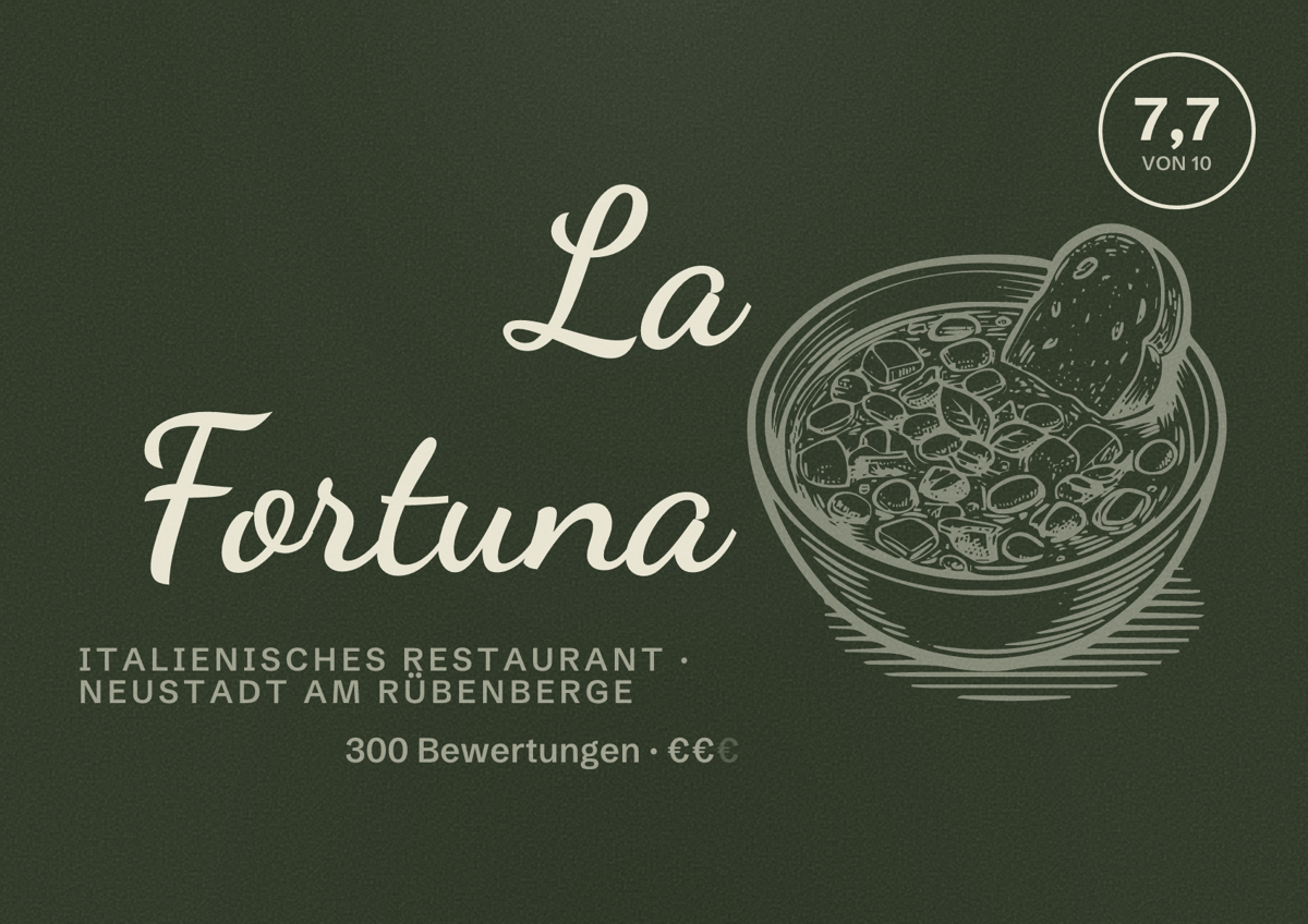 Illustriertes Poster von La Fortuna, Italienisches Restaurant in Neustadt am Rübenberge: Bewertung 7,7 von 10 aus 300 Bewertungen, Preisniveau €€