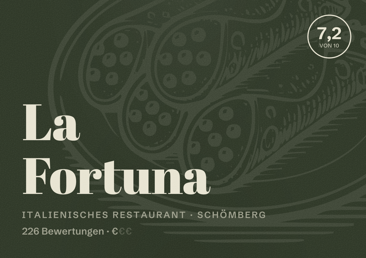 Illustriertes Poster von La Fortuna, Italienisches Restaurant in Schömberg: Bewertung 7,2 von 10 aus 226 Bewertungen, Preisniveau €