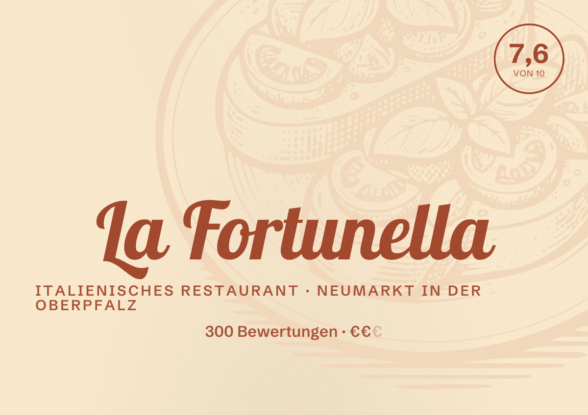 Illustriertes Poster von La Fortunella, Italienisches Restaurant in Neumarkt in der Oberpfalz: Bewertung 7,6 von 10 aus 300 Bewertungen, Preisniveau €€
