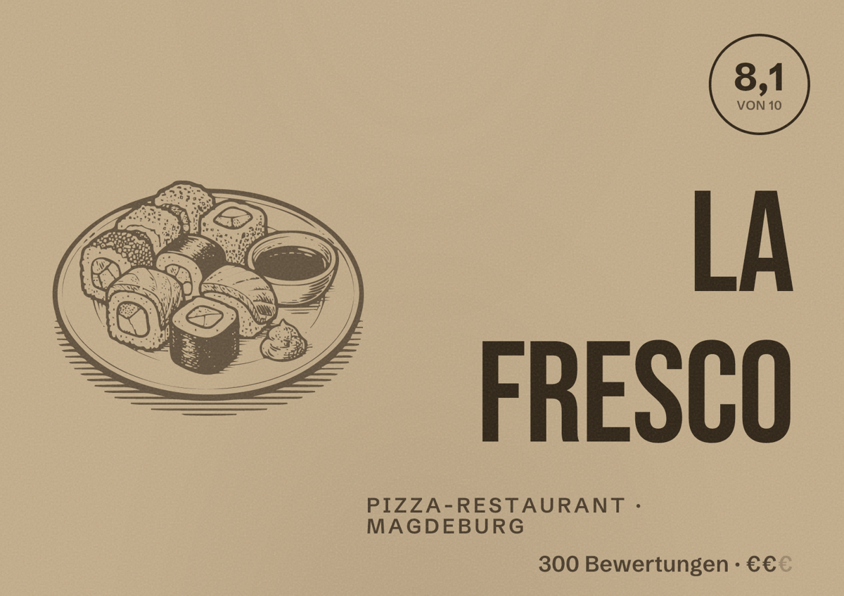Illustriertes Poster von La Fresco, Pizza-Restaurant in Magdeburg: Bewertung 8,1 von 10 aus 300 Bewertungen, Preisniveau €€