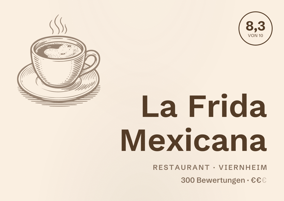 Illustriertes Poster von La Frida Mexicana, Restaurant in Viernheim: Bewertung 8,3 von 10 aus 300 Bewertungen, Preisniveau €€