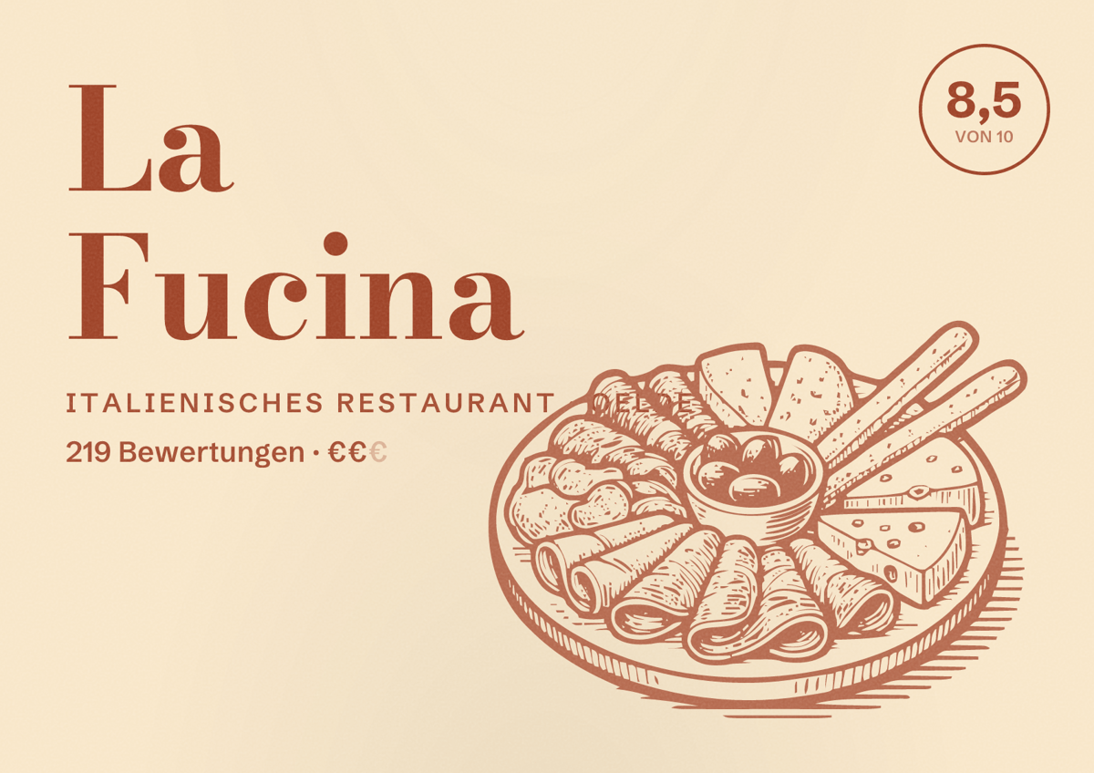 Illustriertes Poster von La Fucina, Italienisches Restaurant in Oelde: Bewertung 8,5 von 10 aus 219 Bewertungen, Preisniveau €€