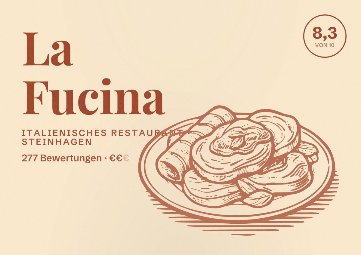 Illustriertes Poster von La Fucina, Italienisches Restaurant in Steinhagen: Bewertung 8,3 von 10 aus 277 Bewertungen, Preisniveau €€