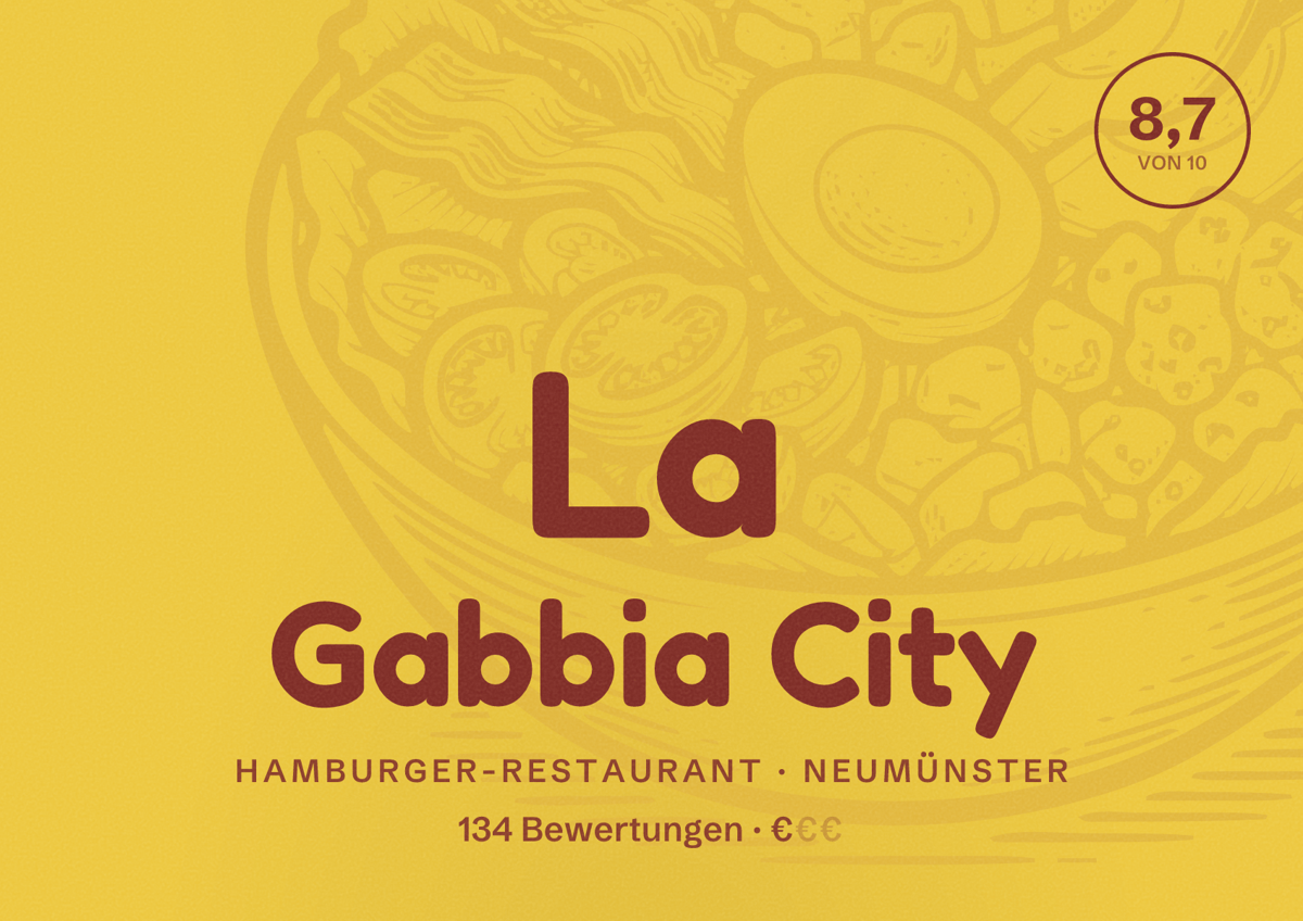 Illustriertes Poster von La Gabbia City, Hamburger-Restaurant in Neumünster: Bewertung 8,7 von 10 aus 134 Bewertungen, Preisniveau €
