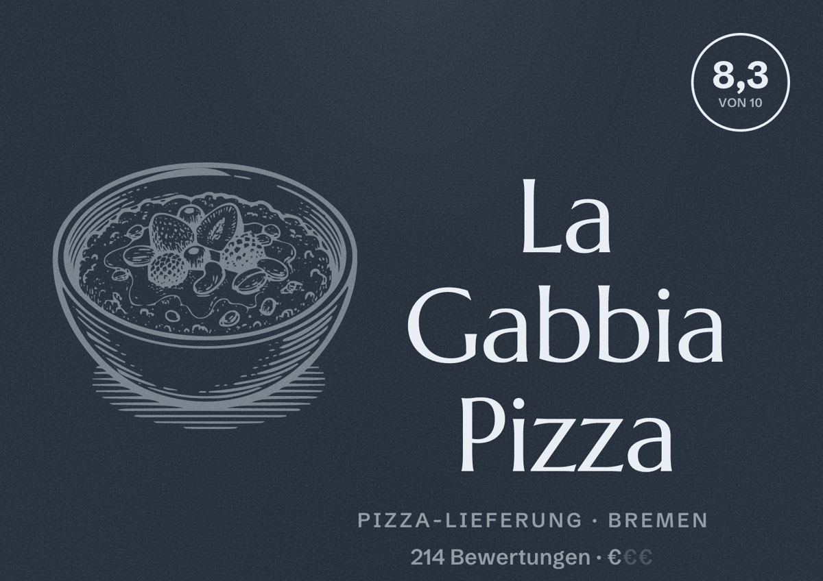 Illustriertes Poster von La Gabbia Pizza, Pizza-Lieferung in Bremen: Bewertung 8,3 von 10 aus 214 Bewertungen, Preisniveau €