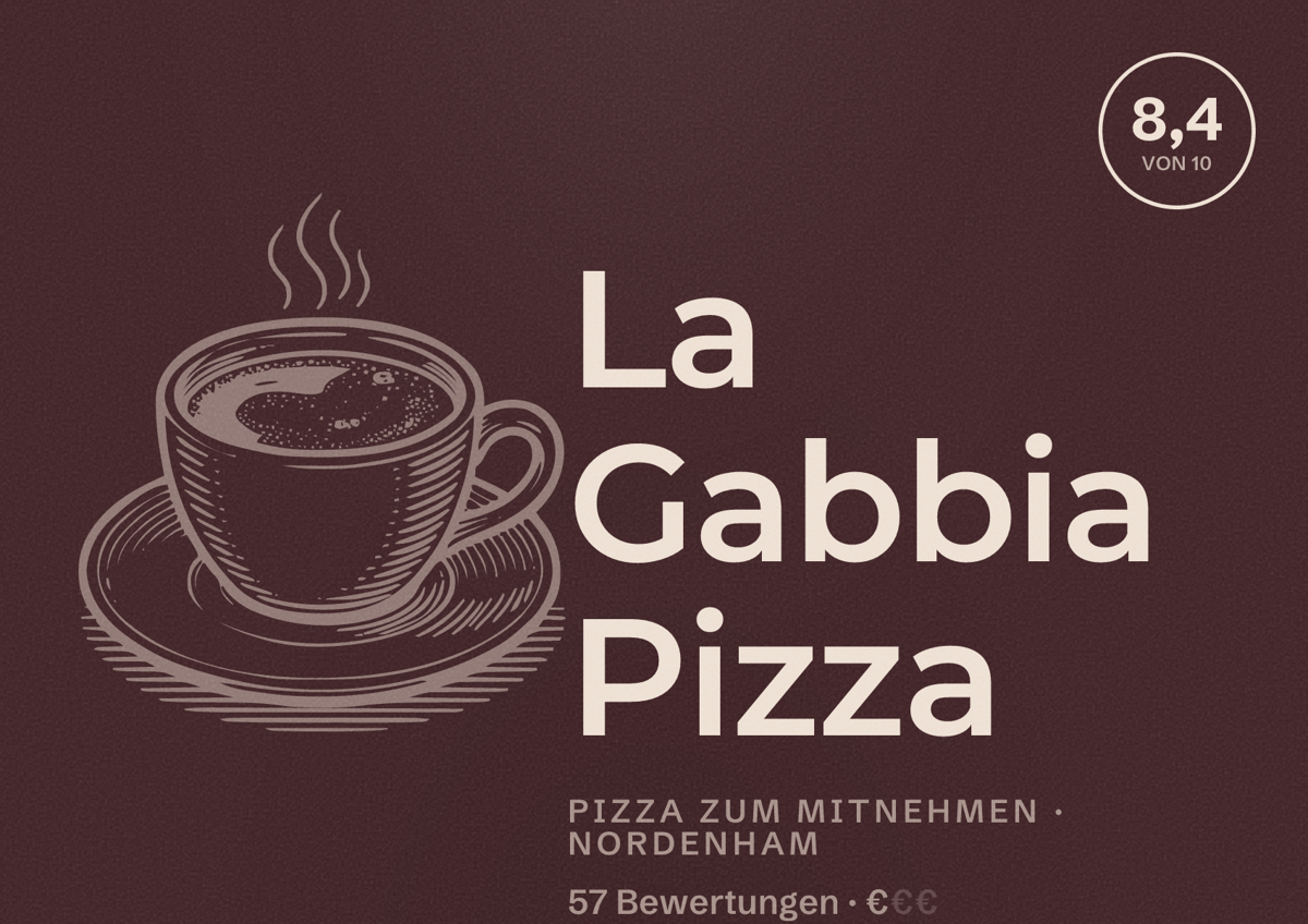 Illustriertes Poster von La Gabbia Pizza, Pizza zum Mitnehmen in Nordenham: Bewertung 8,4 von 10 aus 57 Bewertungen, Preisniveau €