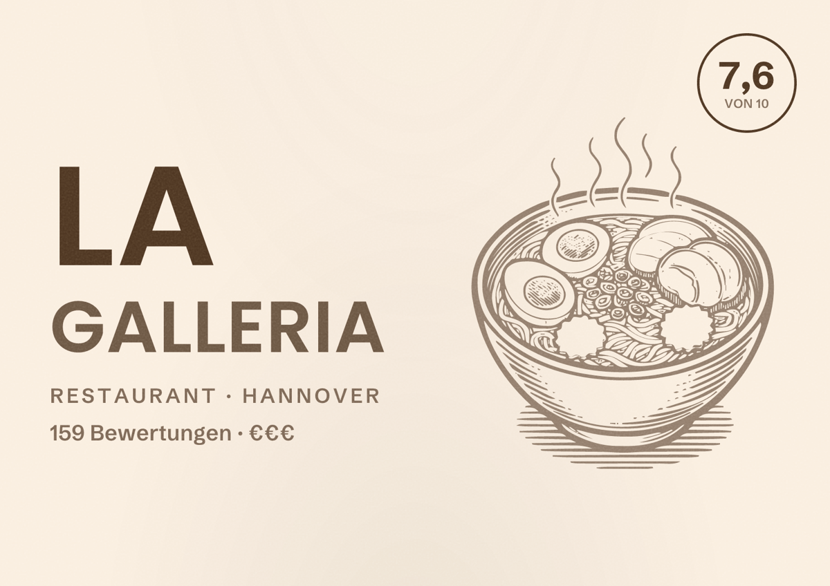 Illustriertes Poster von La Galleria, Restaurant in Hannover: Bewertung 7,6 von 10 aus 159 Bewertungen, Preisniveau €€€