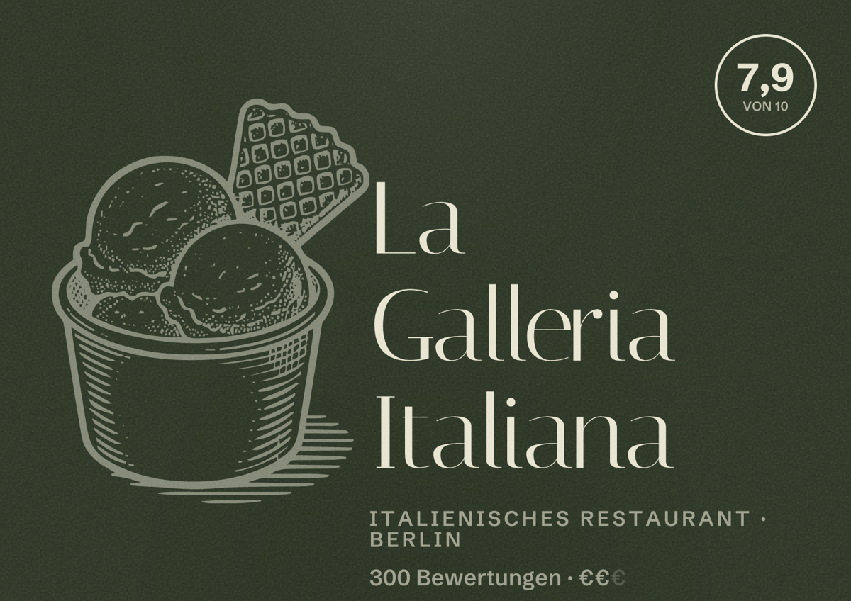 Illustriertes Poster von La Galleria Italiana, Italienisches Restaurant in Berlin: Bewertung 7,9 von 10 aus 300 Bewertungen, Preisniveau €€