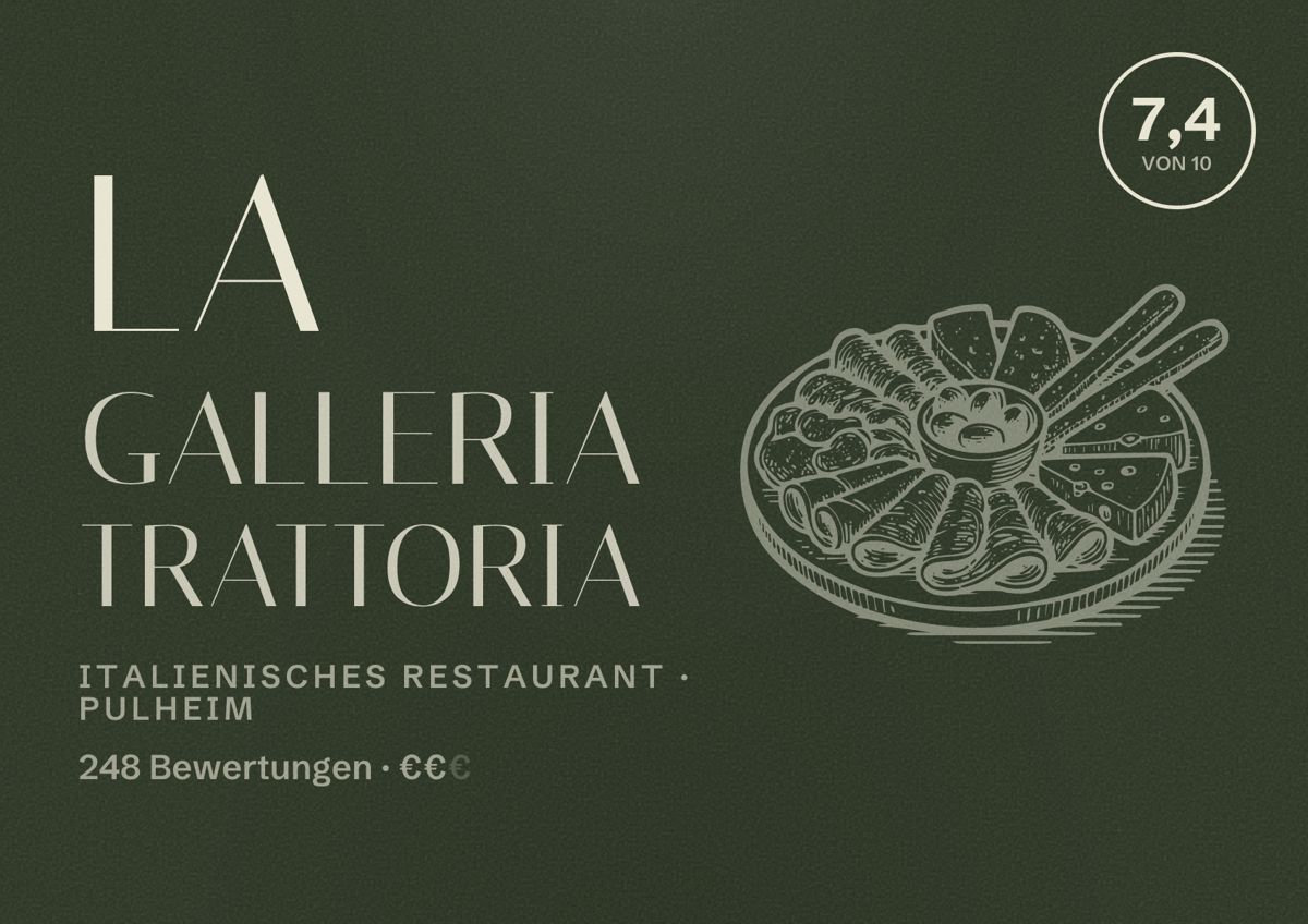 Illustriertes Poster von La Galleria Trattoria, Italienisches Restaurant in Pulheim: Bewertung 7,4 von 10 aus 248 Bewertungen, Preisniveau €€