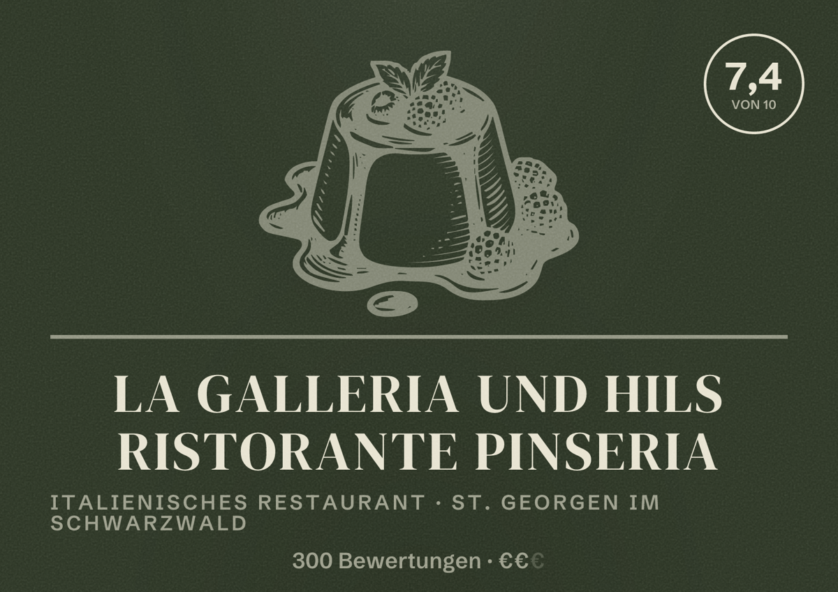 Illustriertes Poster von La Galleria und Hils Ristorante Pinseria, Italienisches Restaurant in St. Georgen im Schwarzwald: Bewertung 7,4 von 10 aus 300 Bewertungen, Preisniveau €€