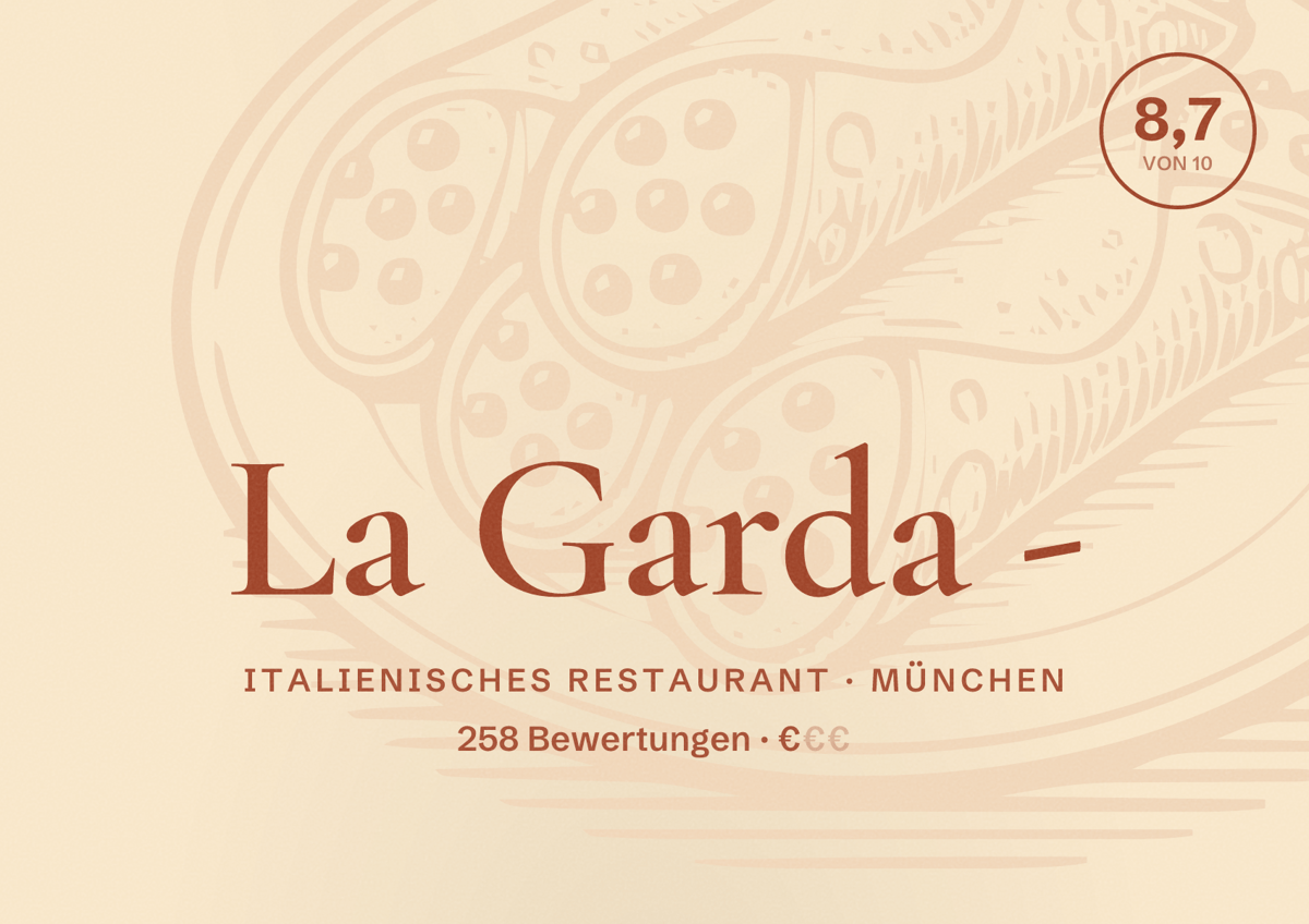Illustriertes Poster von La Garda -, Italienisches Restaurant in München: Bewertung 8,7 von 10 aus 258 Bewertungen, Preisniveau €