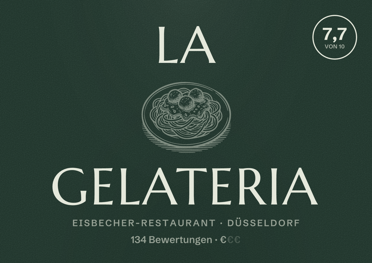 Illustriertes Poster von La Gelateria, Eisbecher-Restaurant in Düsseldorf: Bewertung 7,7 von 10 aus 134 Bewertungen, Preisniveau €