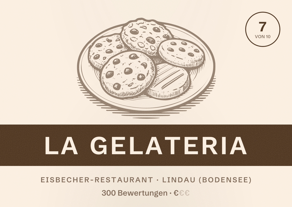 Illustriertes Poster von La Gelateria, Eisbecher-Restaurant in Lindau (Bodensee): Bewertung 7 von 10 aus 300 Bewertungen, Preisniveau €