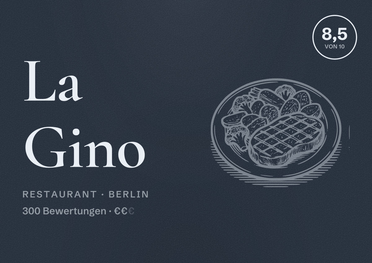 Illustriertes Poster von La Gino, Restaurant in Berlin: Bewertung 8,5 von 10 aus 300 Bewertungen, Preisniveau €€