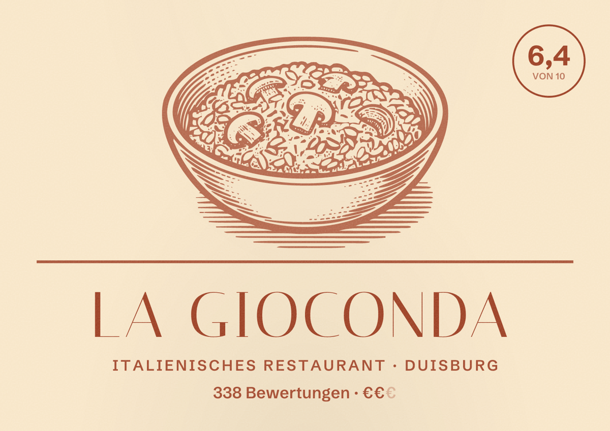 Illustriertes Poster von La Gioconda, Italienisches Restaurant in Duisburg: Bewertung 6,4 von 10 aus 338 Bewertungen, Preisniveau €€