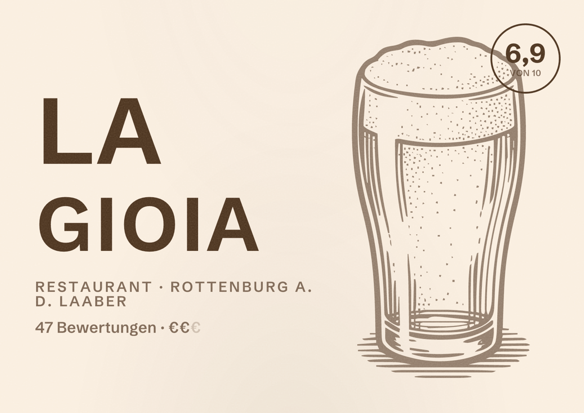 Illustriertes Poster von La Gioia, Restaurant in Rottenburg a. d. Laaber: Bewertung 6,9 von 10 aus 47 Bewertungen, Preisniveau €€