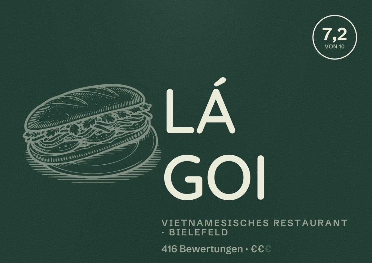Illustriertes Poster von LÁ GOI, Vietnamesisches Restaurant in Bielefeld: Bewertung 7,2 von 10 aus 416 Bewertungen, Preisniveau €€