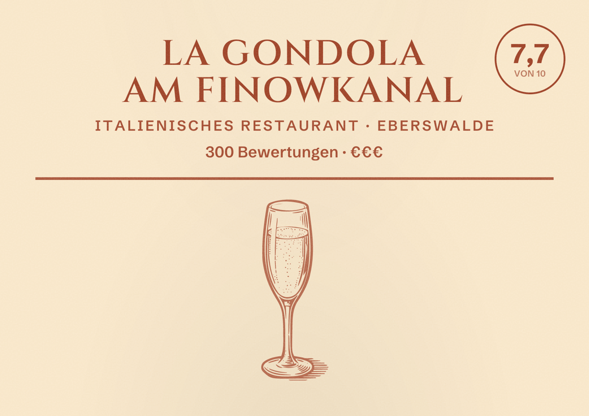 Illustriertes Poster von La Gondola am Finowkanal, Italienisches Restaurant in Eberswalde: Bewertung 7,7 von 10 aus 300 Bewertungen, Preisniveau €€€